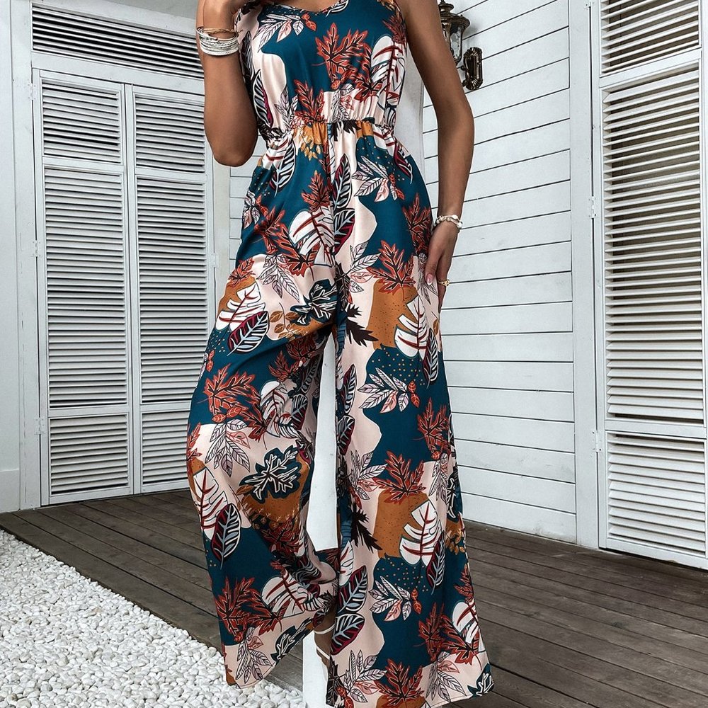 New Tropical Print Shirred Wide Leg Cami Jumpsuit Handmade - Picture 3 of 6